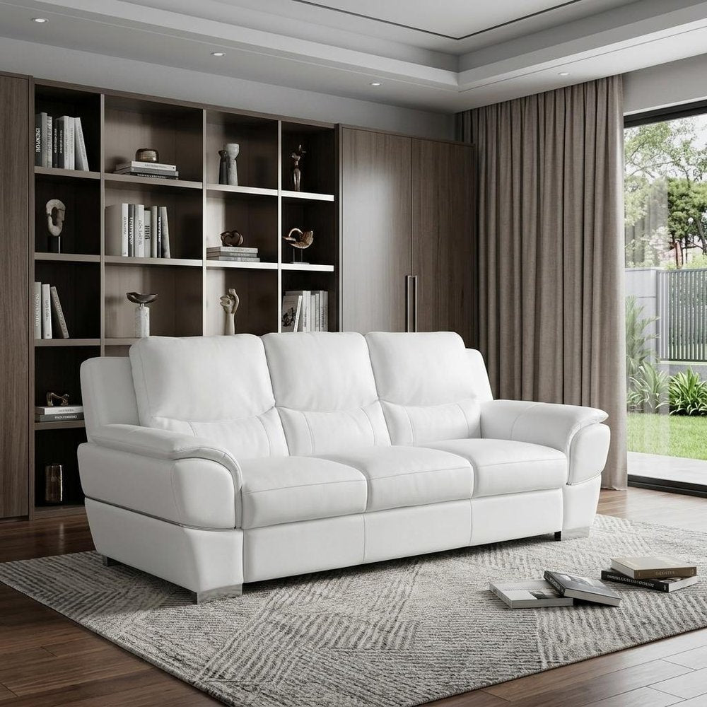 85" Black Leather Sofa With Silver Legs