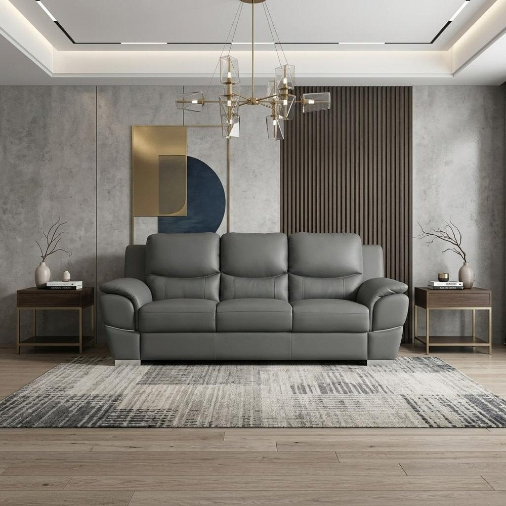 85" Black Leather Sofa With Silver Legs