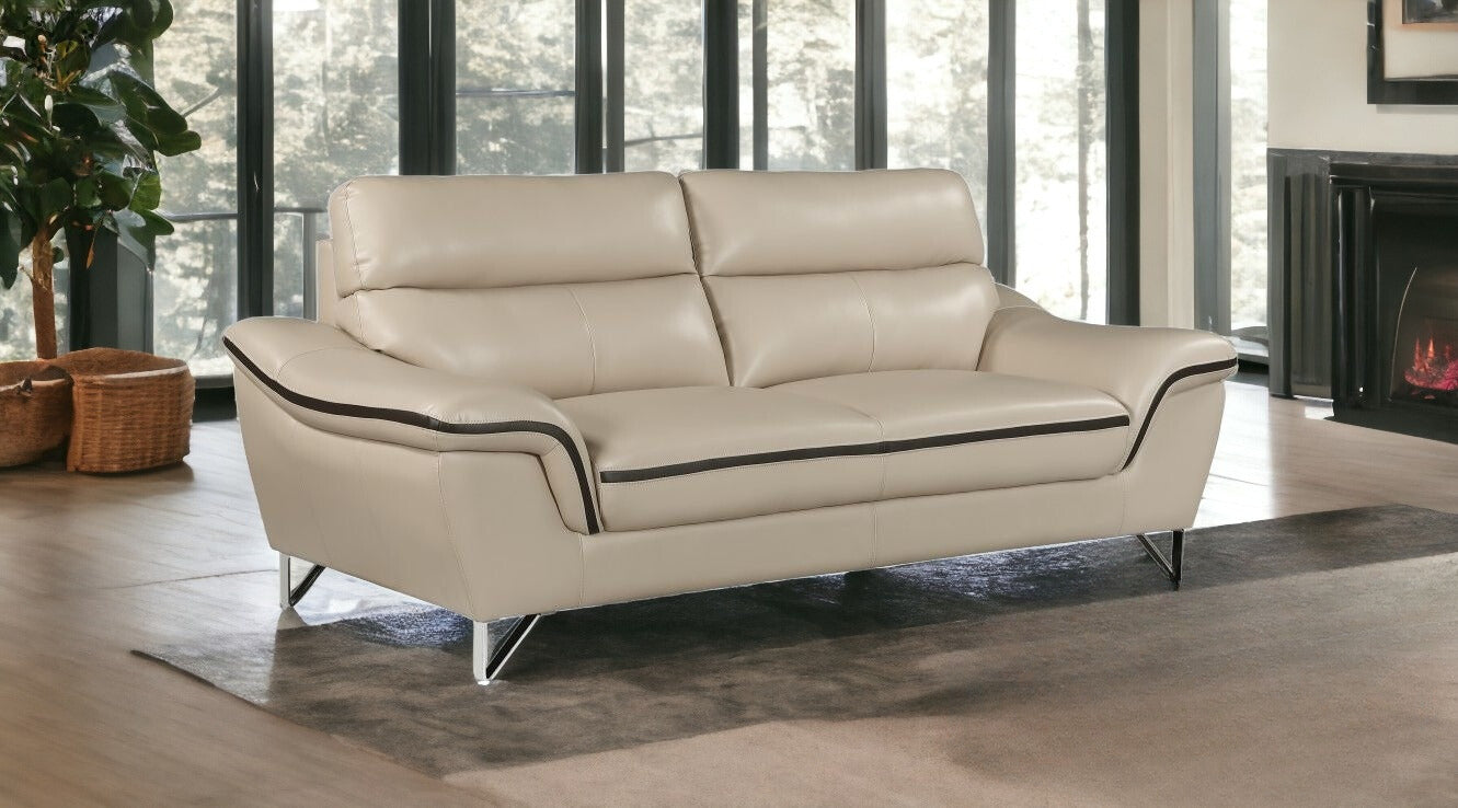 86" Beige And Silver Leather Sofa