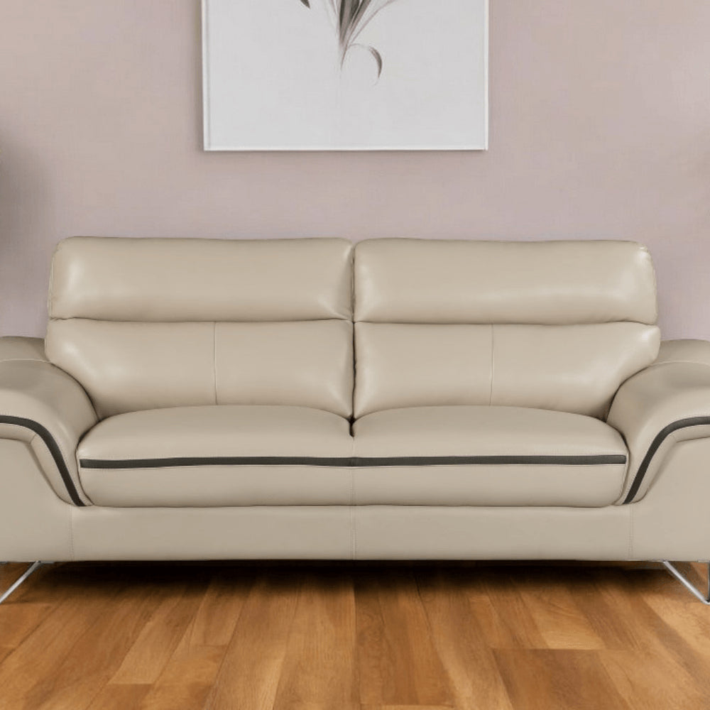 86" Beige Leather Sofa With Silver Legs