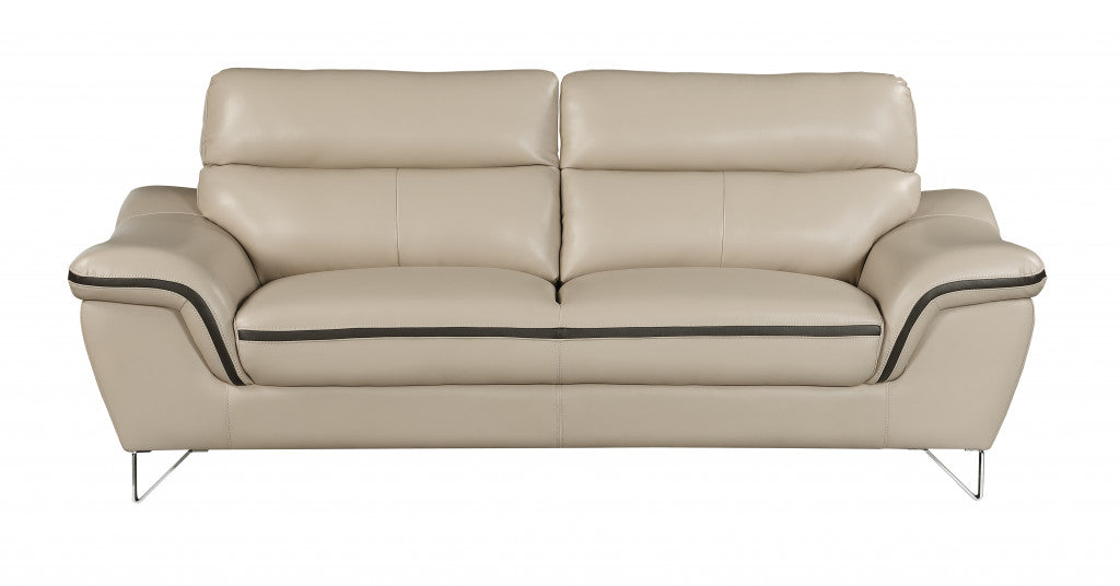 86" Beige And Silver Leather Sofa