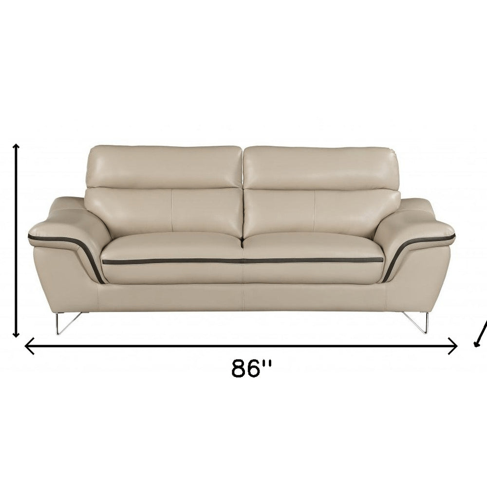 86" Beige Leather Sofa With Silver Legs
