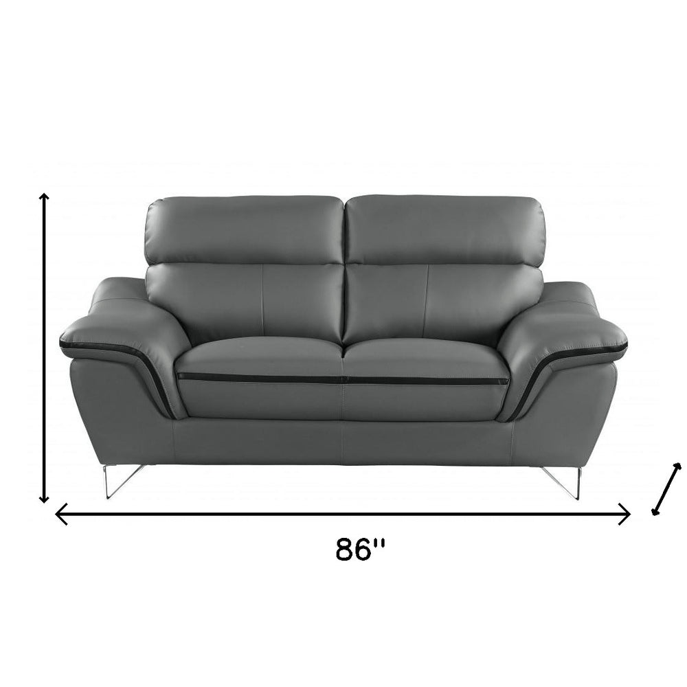 86" Gray Leather Sofa With Silver Legs