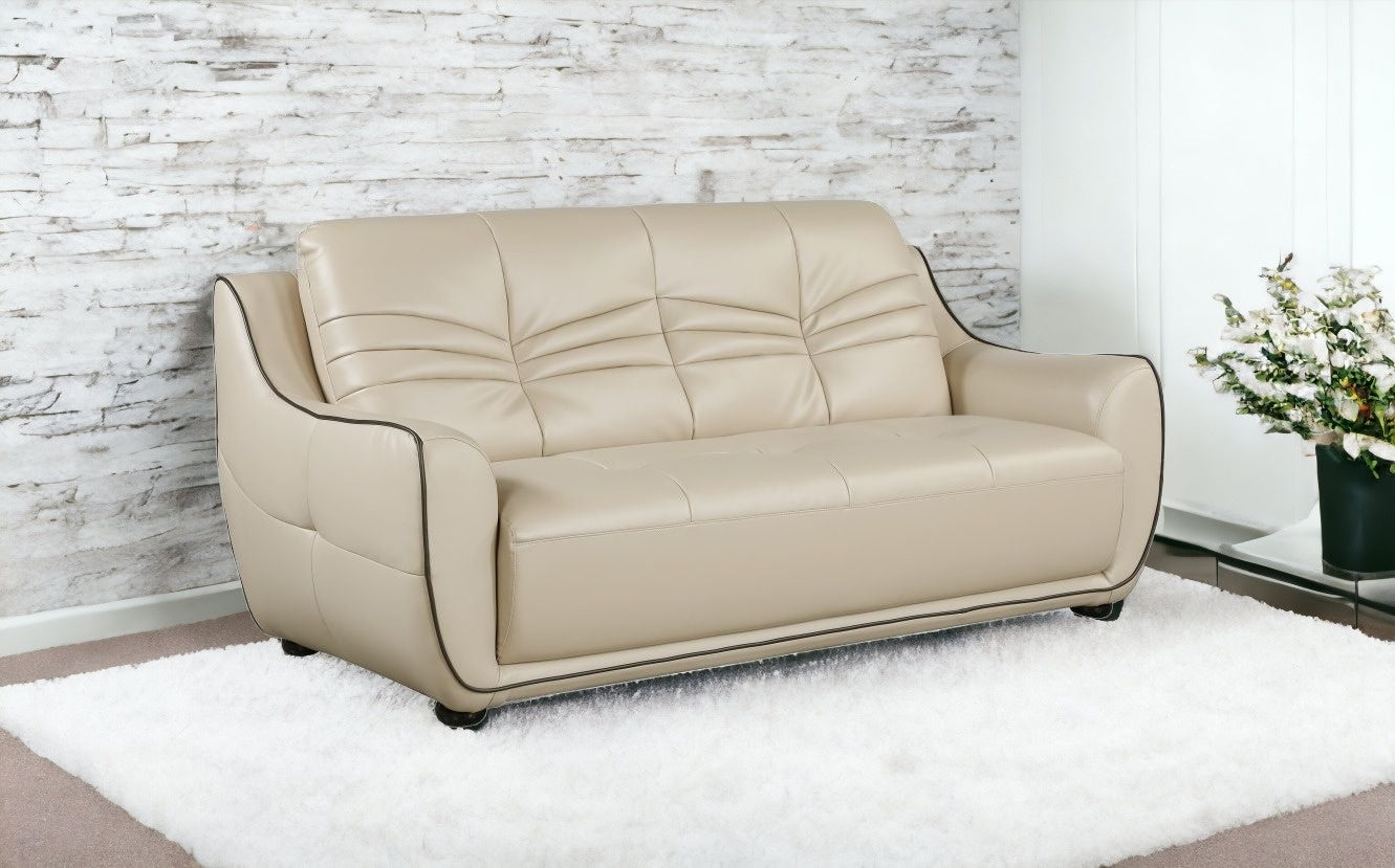 86" Beige And Brown Leather Sofa