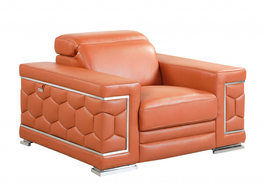 47" Brown And Silver Genuine Leather Arm Chair
