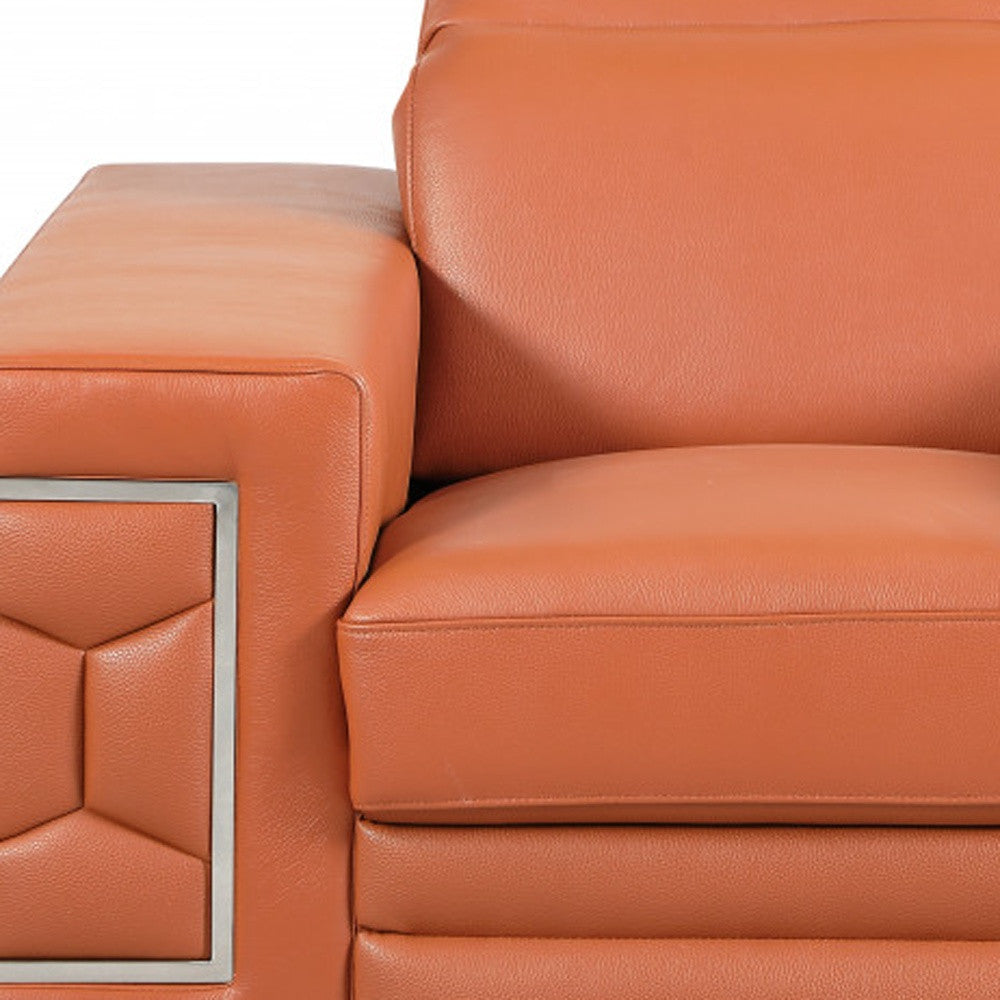 47" Brown And Silver Genuine Leather Arm Chair