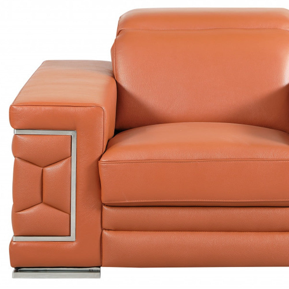47" Brown And Silver Genuine Leather Arm Chair