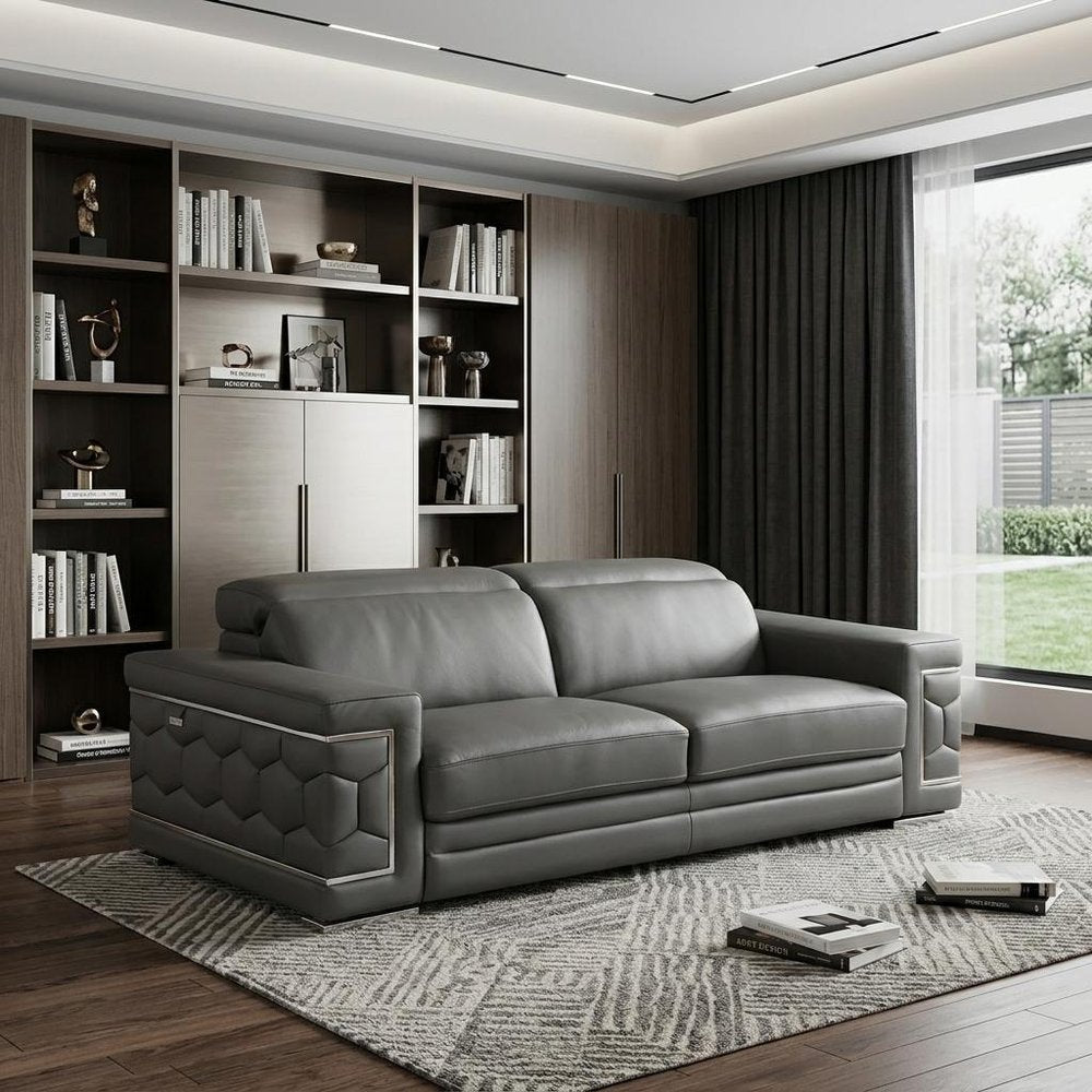 89" Camel Italian Leather Sofa With Silver Legs