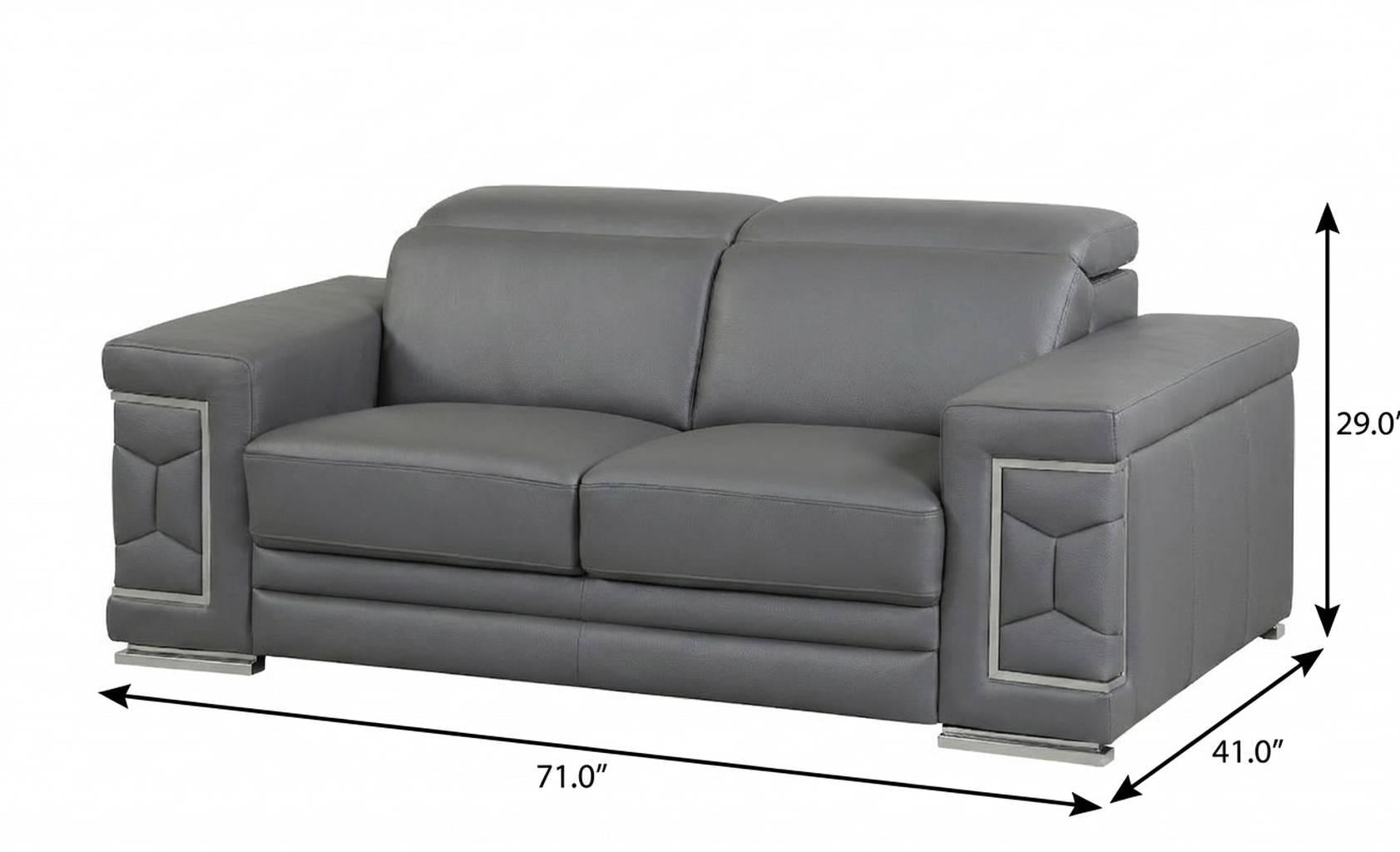 71" Gray And Silver Genuine Leather Love Seat