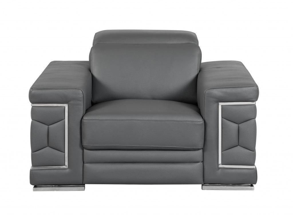 47" Dark Gray And Silver Genuine Leather Arm Chair