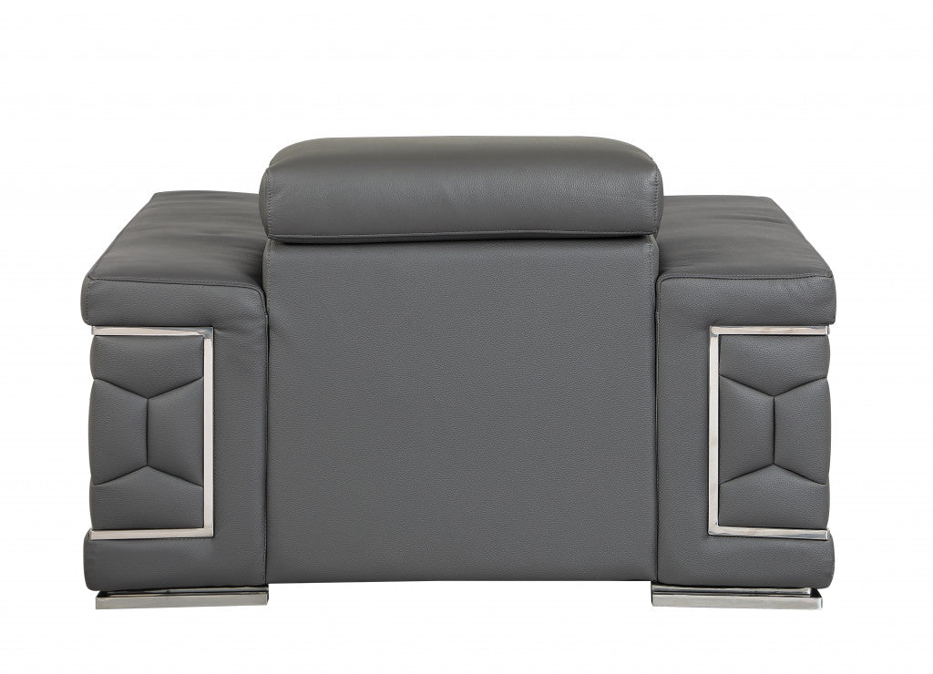 47" Dark Gray And Silver Genuine Leather Arm Chair