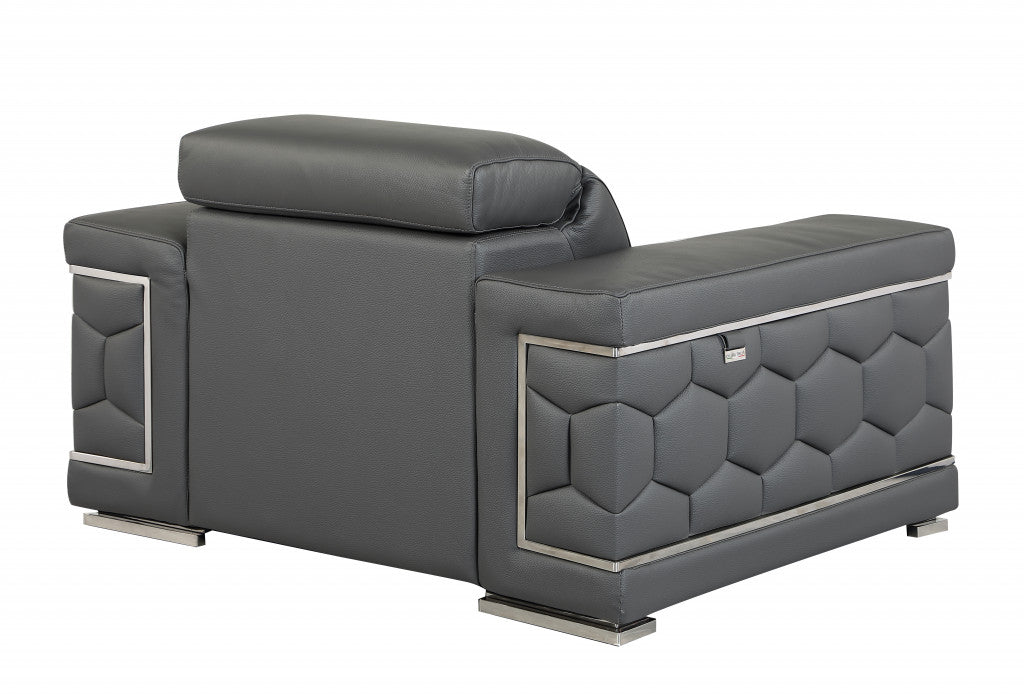 47" Dark Gray And Silver Genuine Leather Arm Chair
