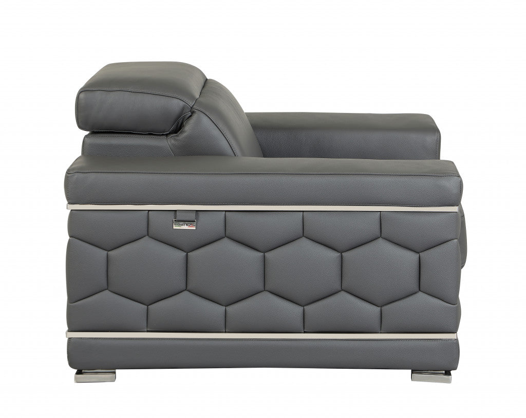47" Dark Gray And Silver Genuine Leather Arm Chair