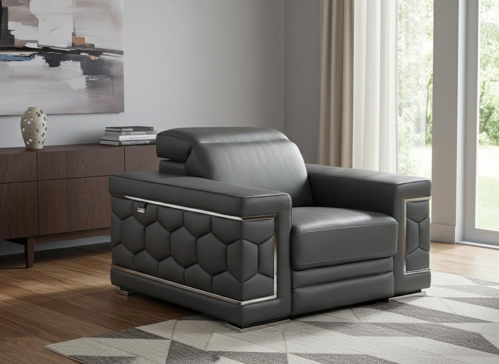 47" Brown And Silver Genuine Leather Arm Chair