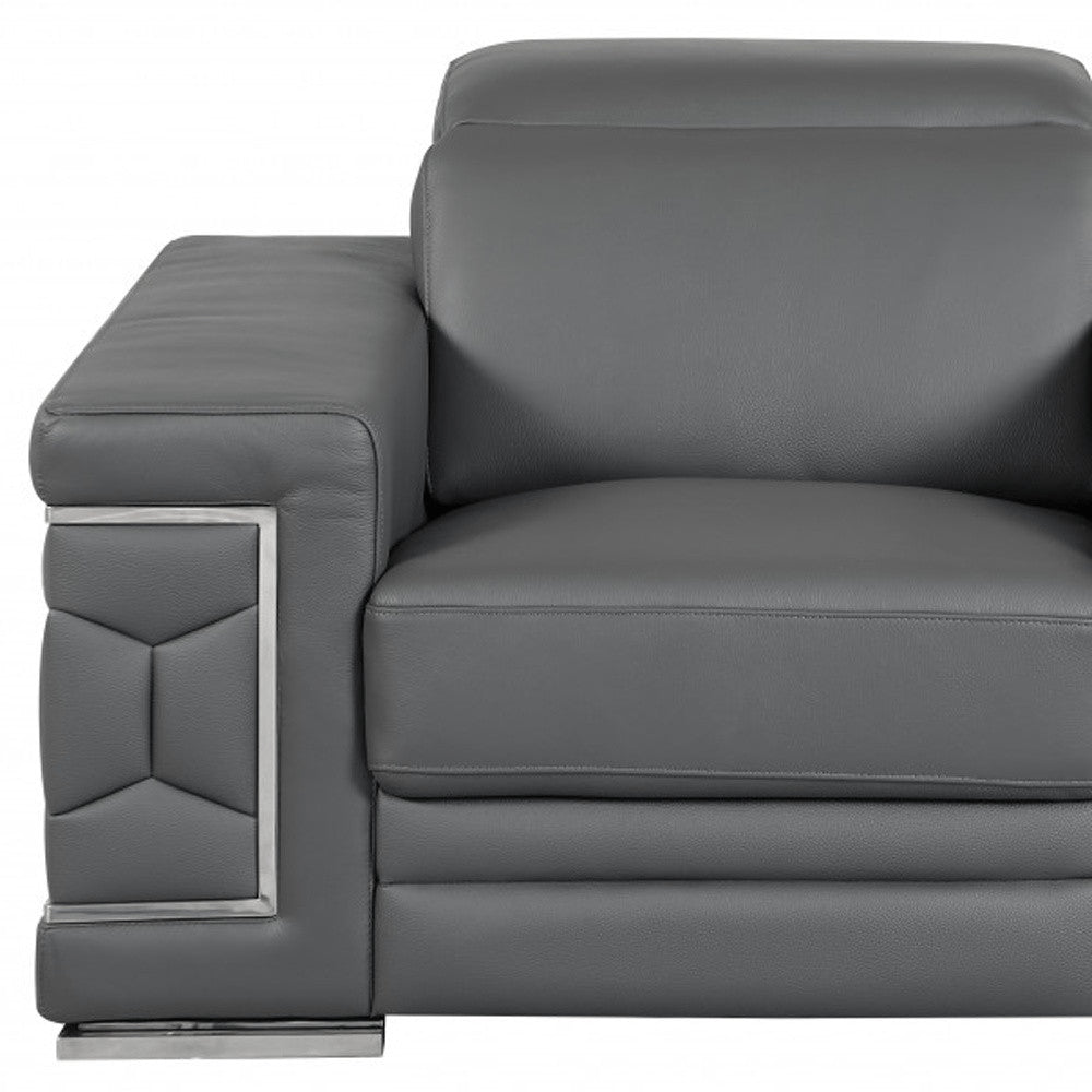 47" Brown And Silver Genuine Leather Arm Chair