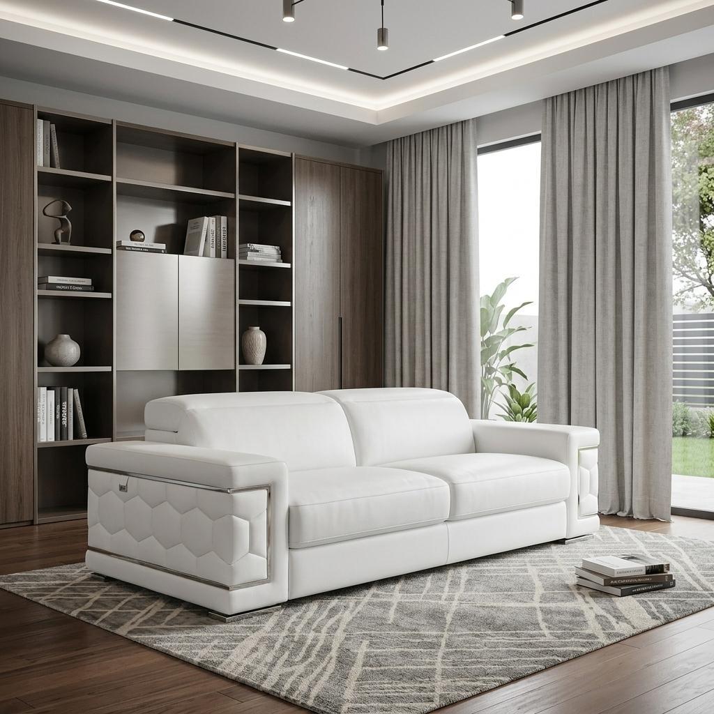 89" White Italian Leather Sofa With Silver Legs