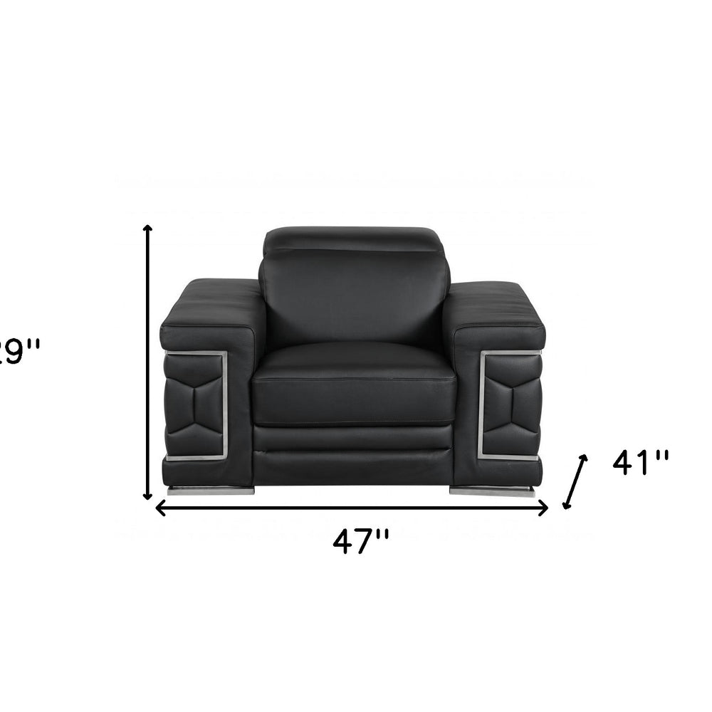 47" Brown And Silver Genuine Leather Arm Chair