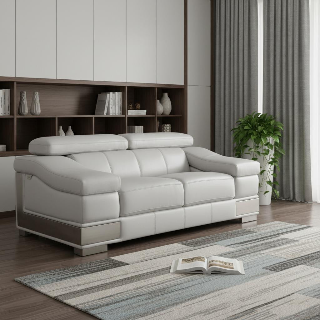 73" Light Gray And Silver Genuine Leather Love Seat