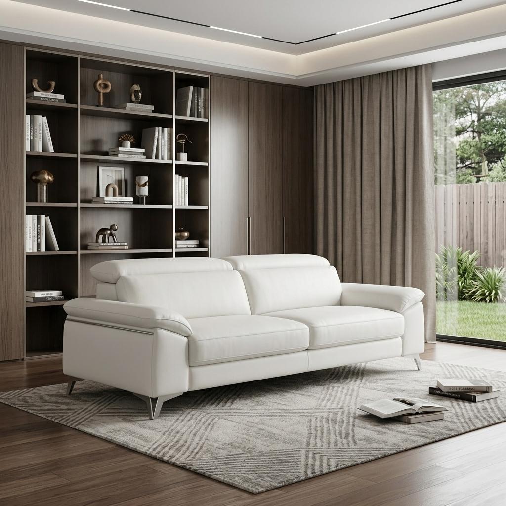 87" White Italian Leather Sofa With Silver Legs