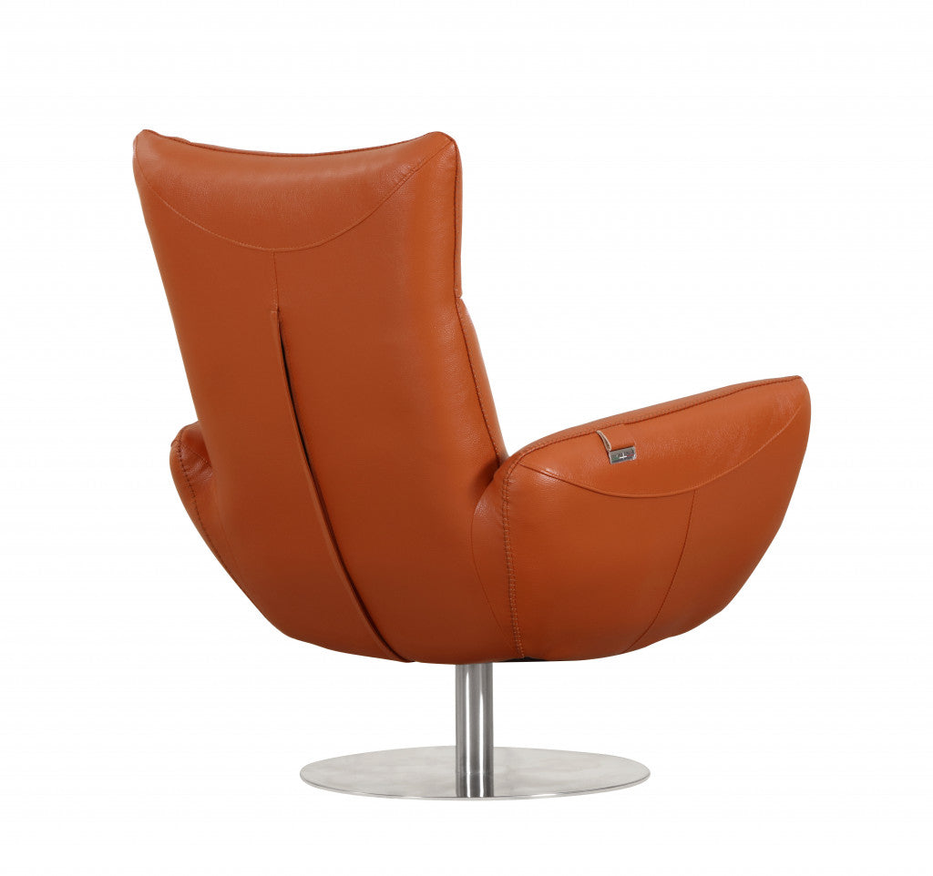 37" Orange And Silver Genuine Leather Lounge Chair
