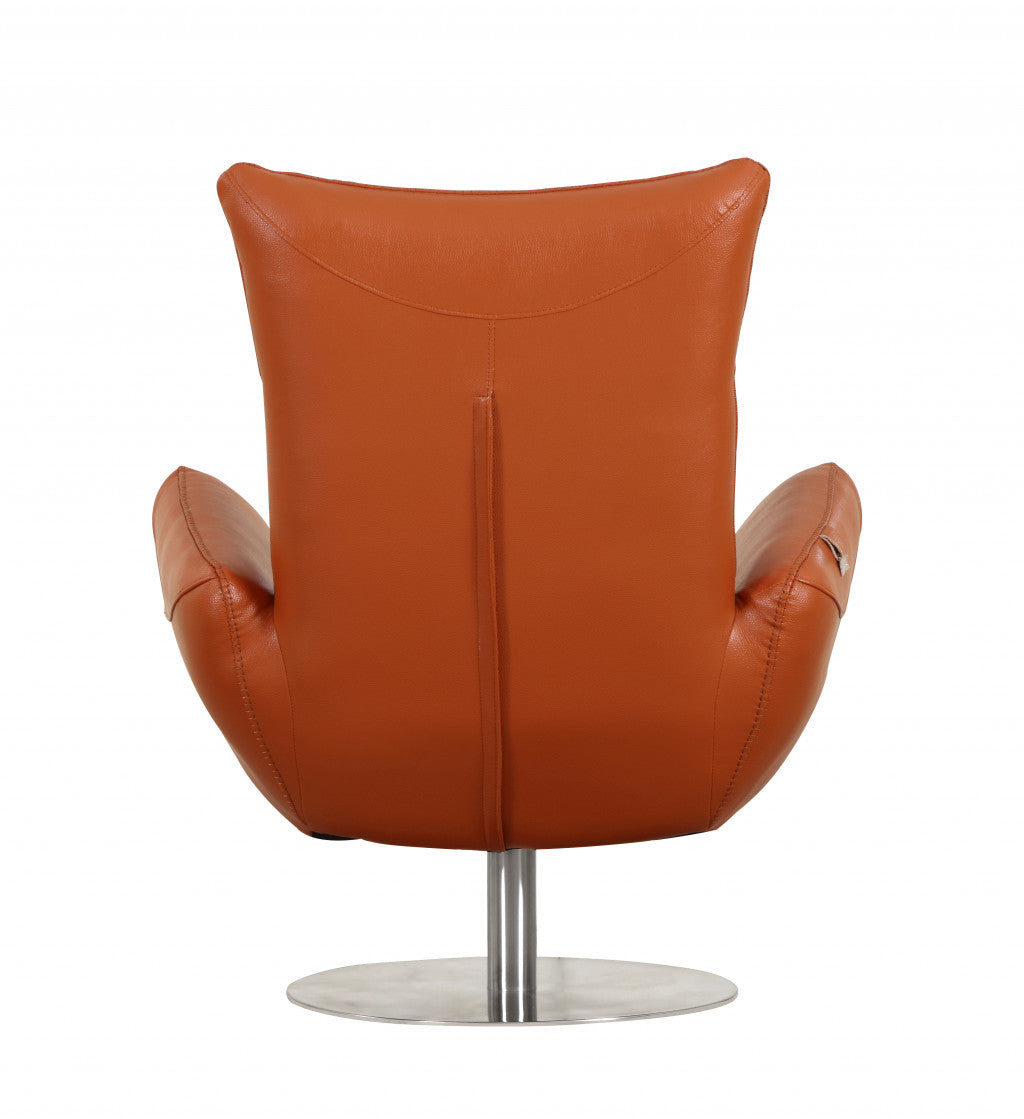 37" Orange And Silver Genuine Leather Lounge Chair