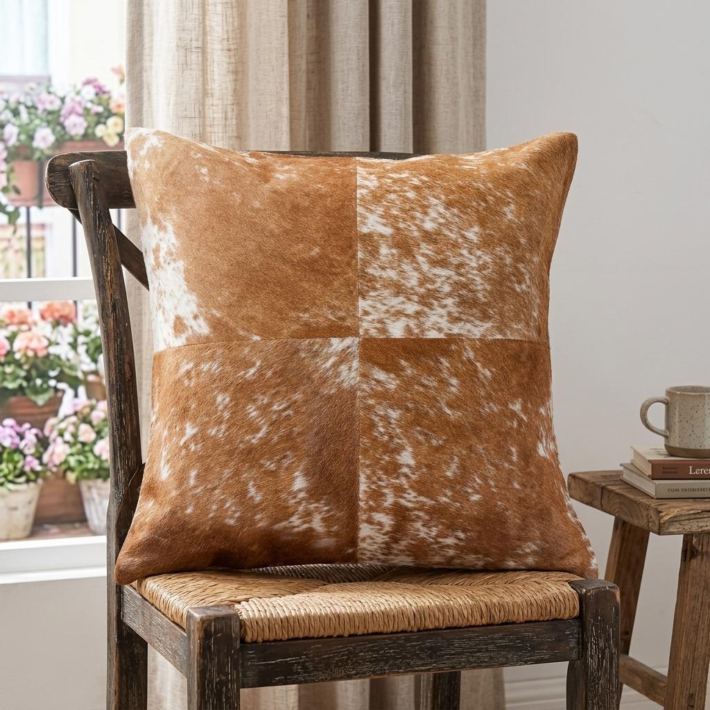 18" Brown and White Cowhide Throw Pillow