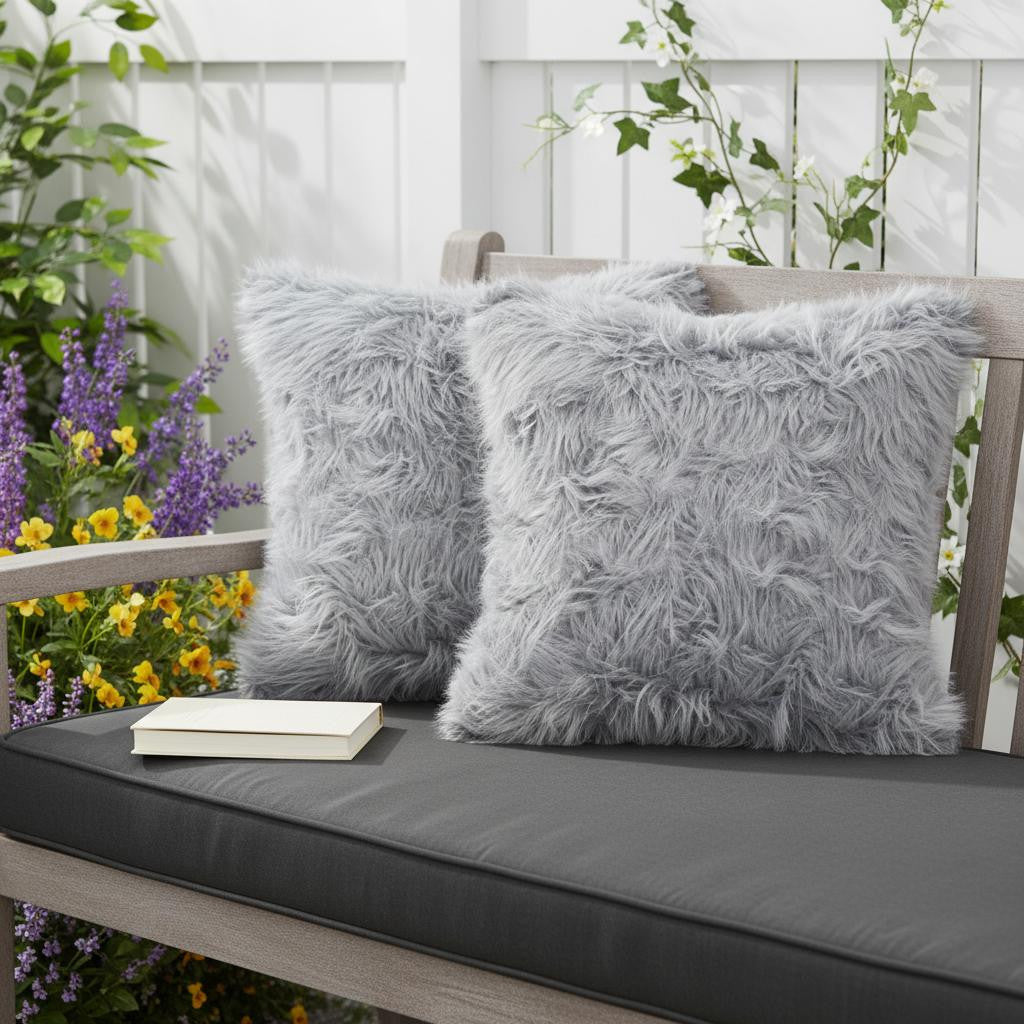 18" X 18" X 5" Grey Faux Fur  Pillow 2 Pack