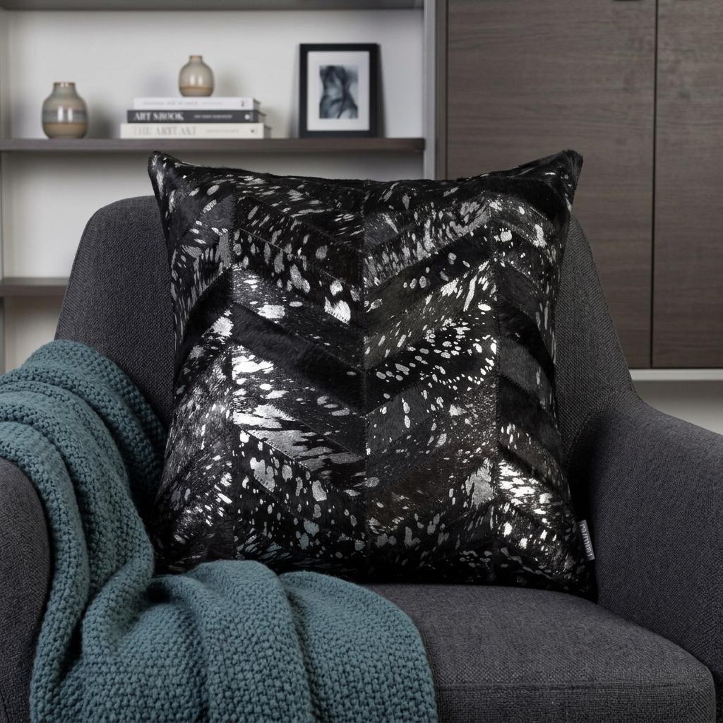 18" Black and Silver Cowhide Throw Pillow