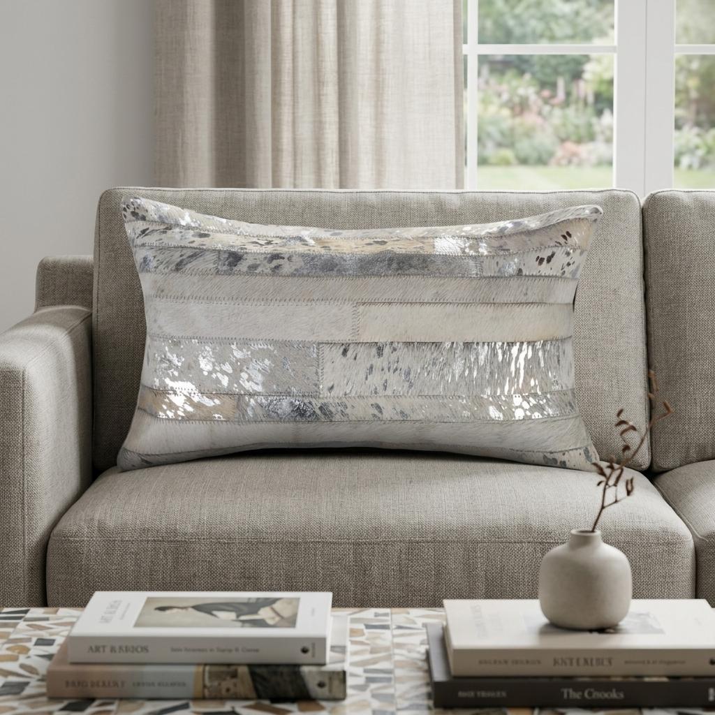 12" X 20" Gray and Silver Striped Cowhide Lumbar Throw Pillow