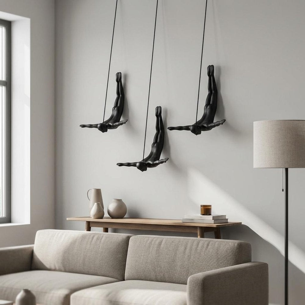 Set of Three Black Resin Diving Man Hanging Dimensional Sculpture