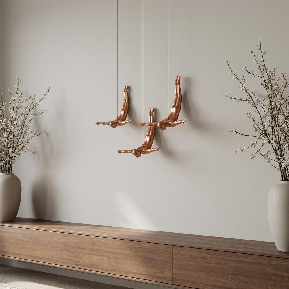 Set of Three Black Resin Diving Man Hanging Dimensional Sculpture