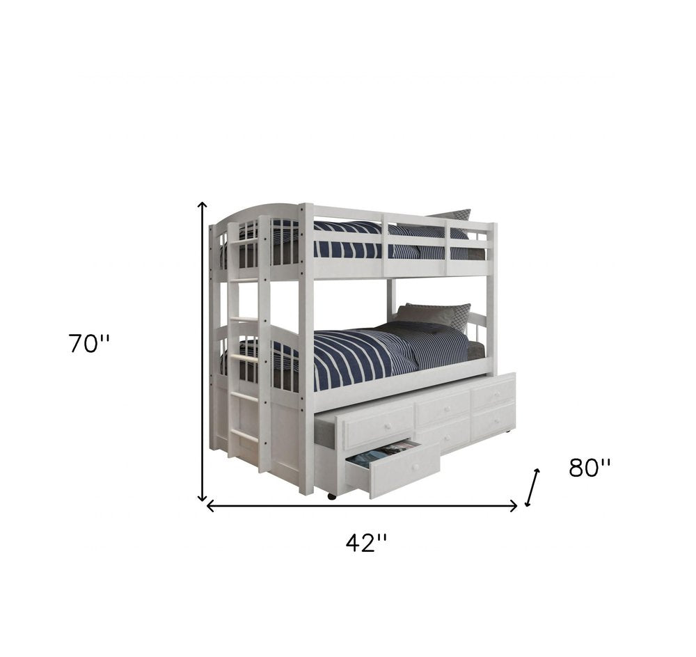White Twin Solid Wood Bunk Bed With Trundle And Storage