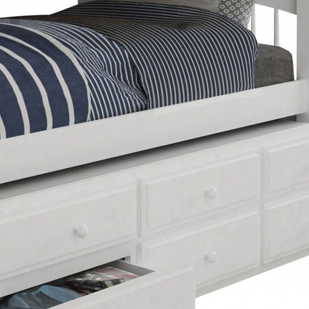 White Twin Solid Wood Bunk Bed With Trundle And Storage