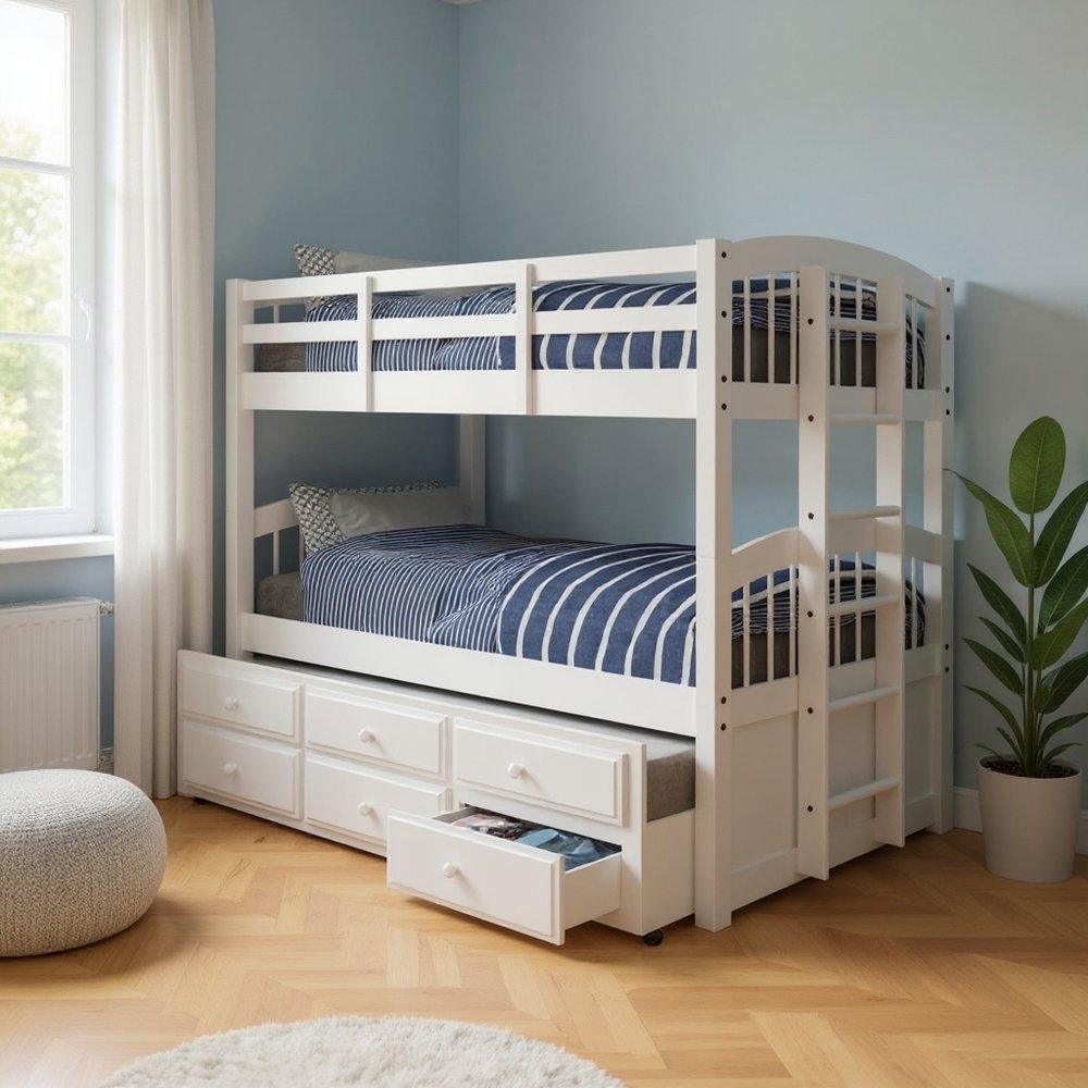 White Twin Solid Wood Bunk Bed With Trundle And Storage