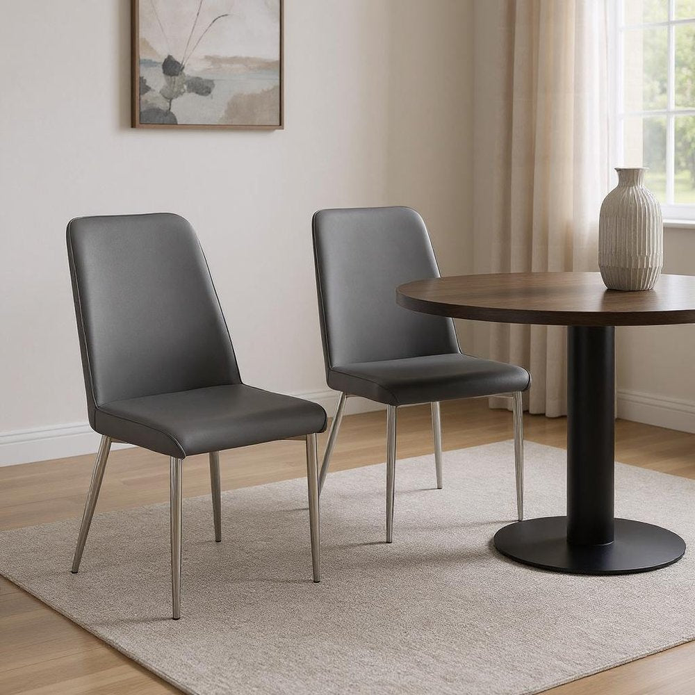 Set of Two White And Silver Upholstered Faux Leather Dining Side Chairs
