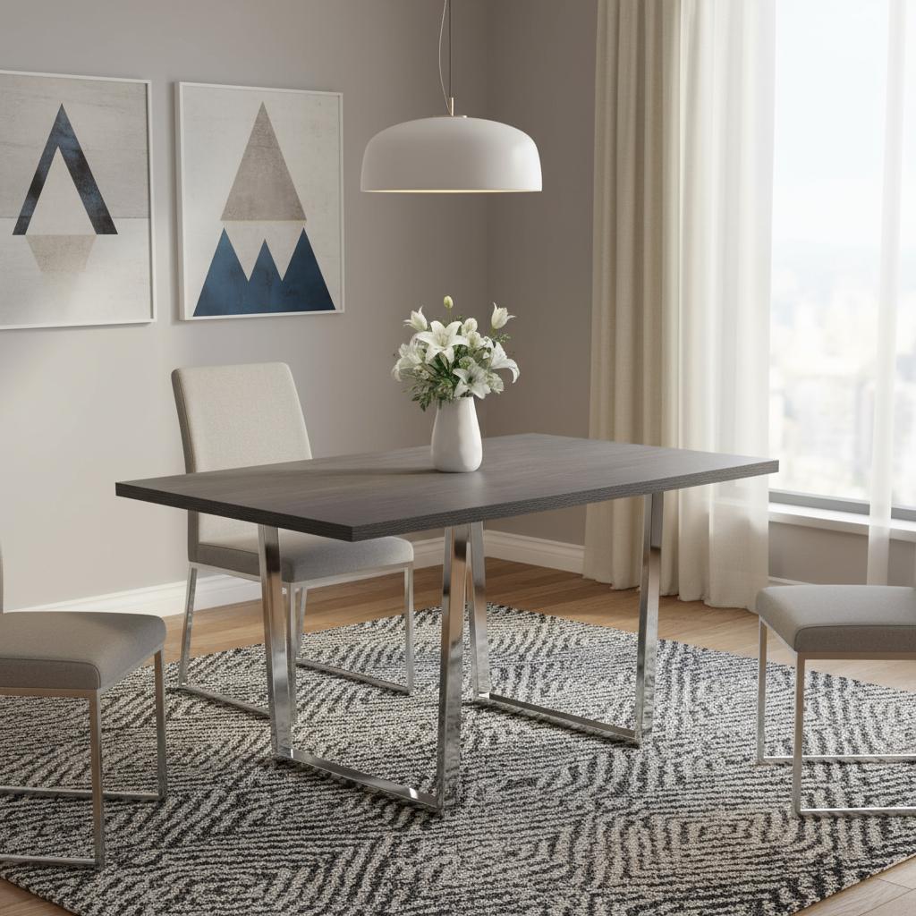 59" Dark Gray And Silver Wood Sled Base Dining Table
