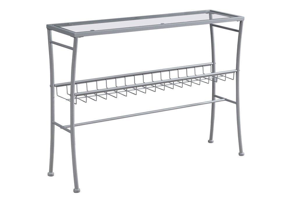 42" Clear and Silver Glass and Metal Console Table With Shelf