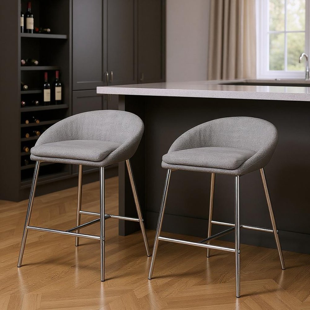 Set of Two 24" Gray And Silver Fabric And Metal Low Back Bar Chairs