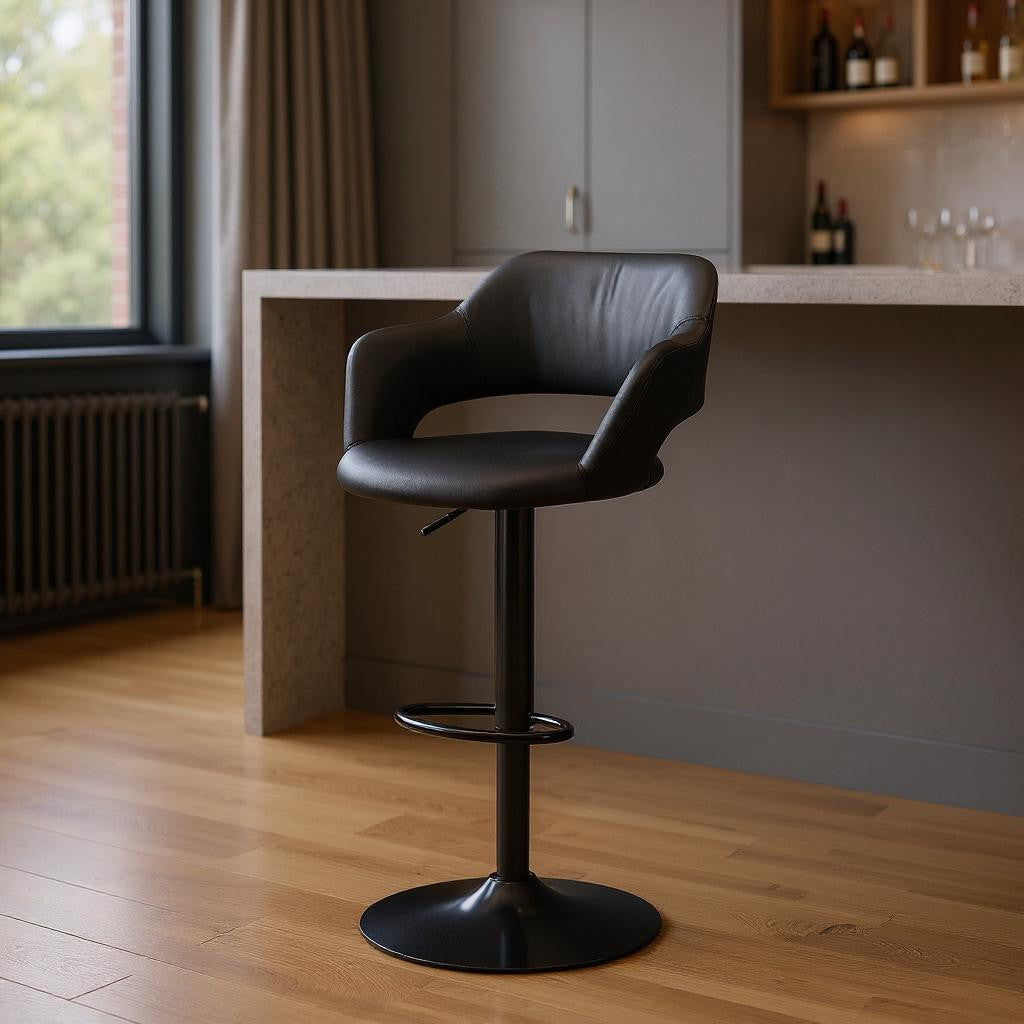 Black Faux Leather And Metal Low Back Adjustable Height Swivel Bar Chair