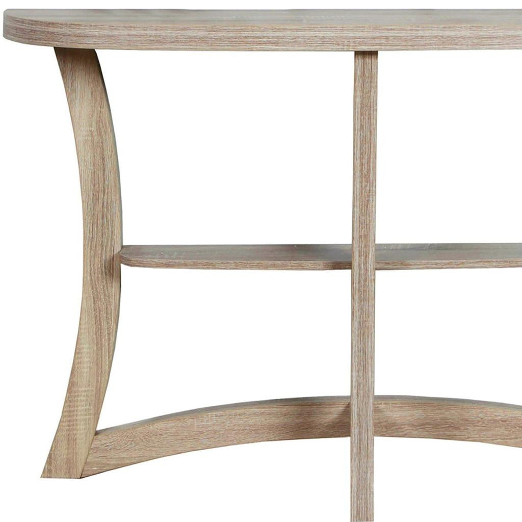 47" Taupe Half Moon Three Leg Console Table With Shelves