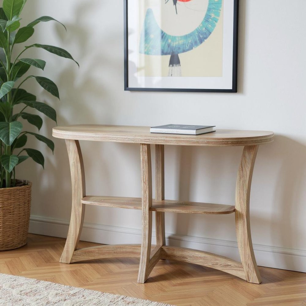 47" Taupe Half Moon Three Leg Console Table With Shelves
