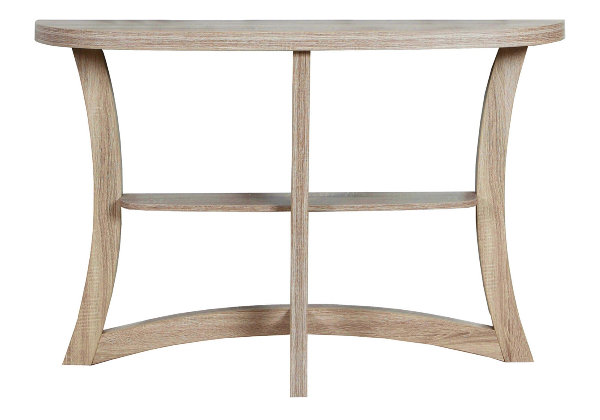 47" Taupe Half Moon Three Leg Console Table With Shelves