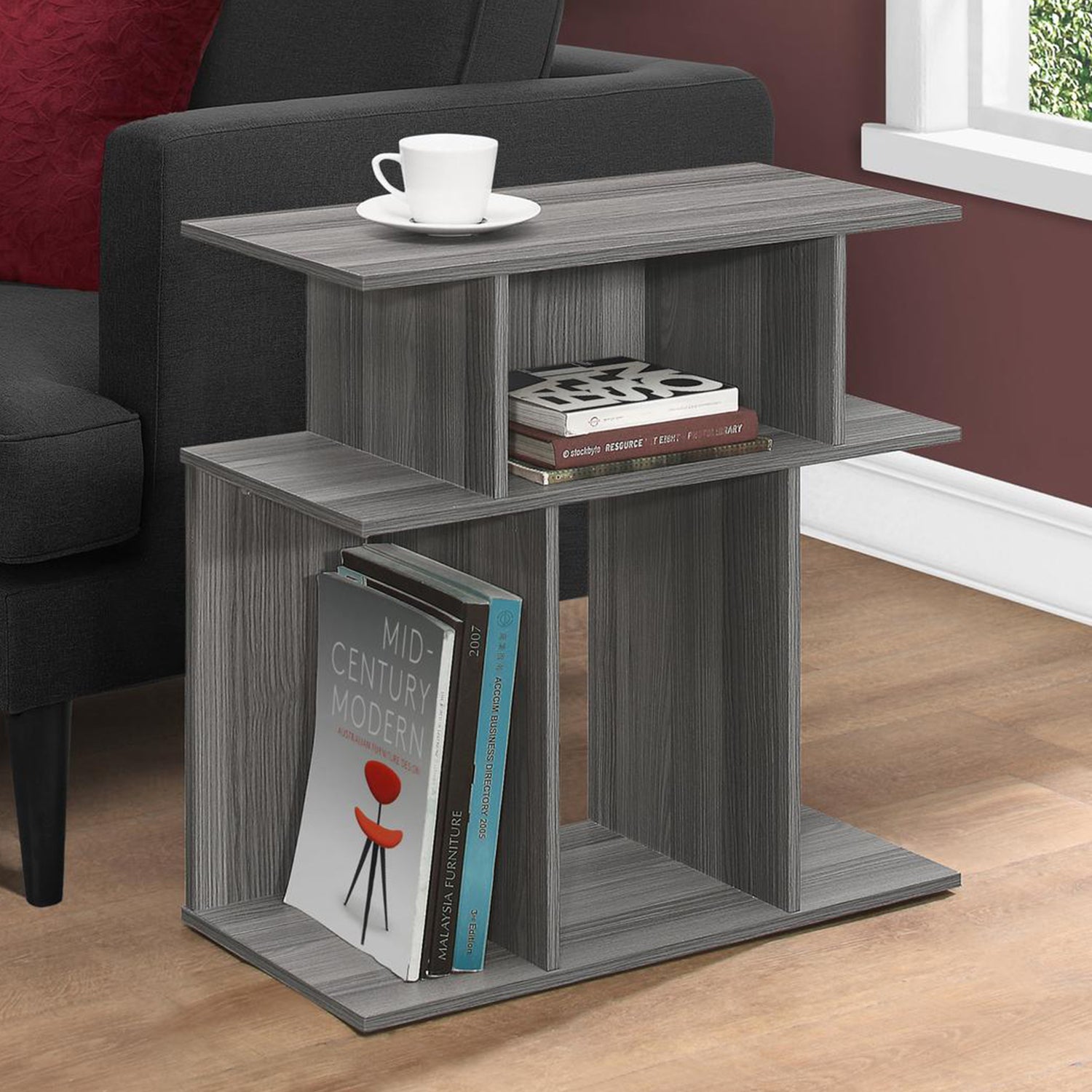 24" Dark Gray Wood End Table With Six Open Shelves