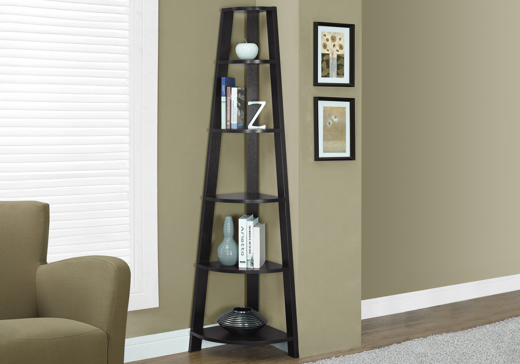 71" Espresso Wood Five Tier Corner Bookcase