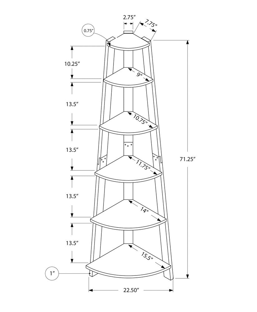 71" Gray Wood Five Tier Corner Bookcase