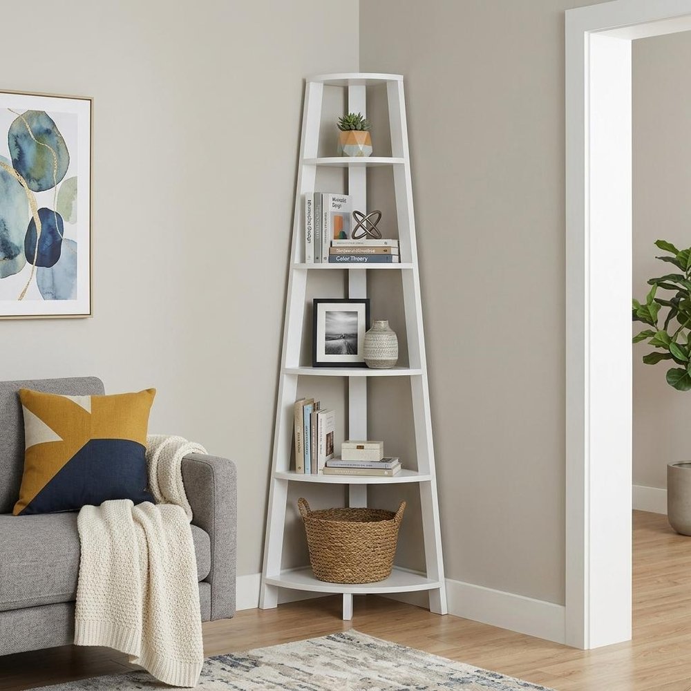71" Espresso Wood Five Tier Corner Bookcase