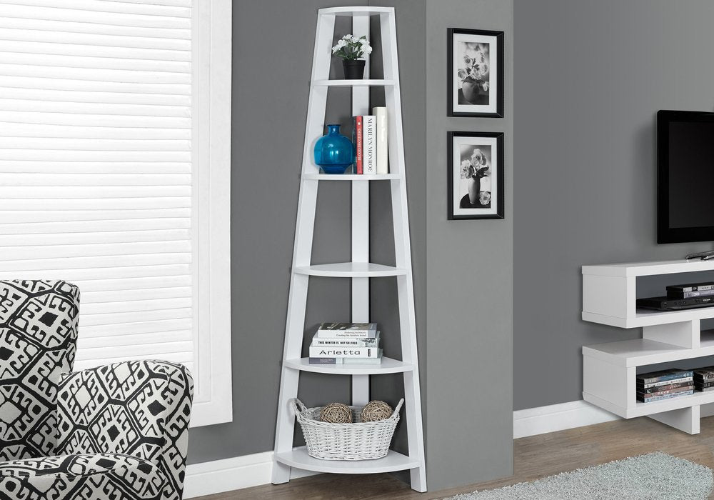 71" White Wood Five Tier Corner Bookcase