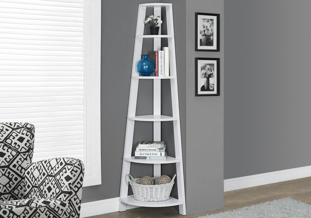 71" White Wood Five Tier Corner Bookcase