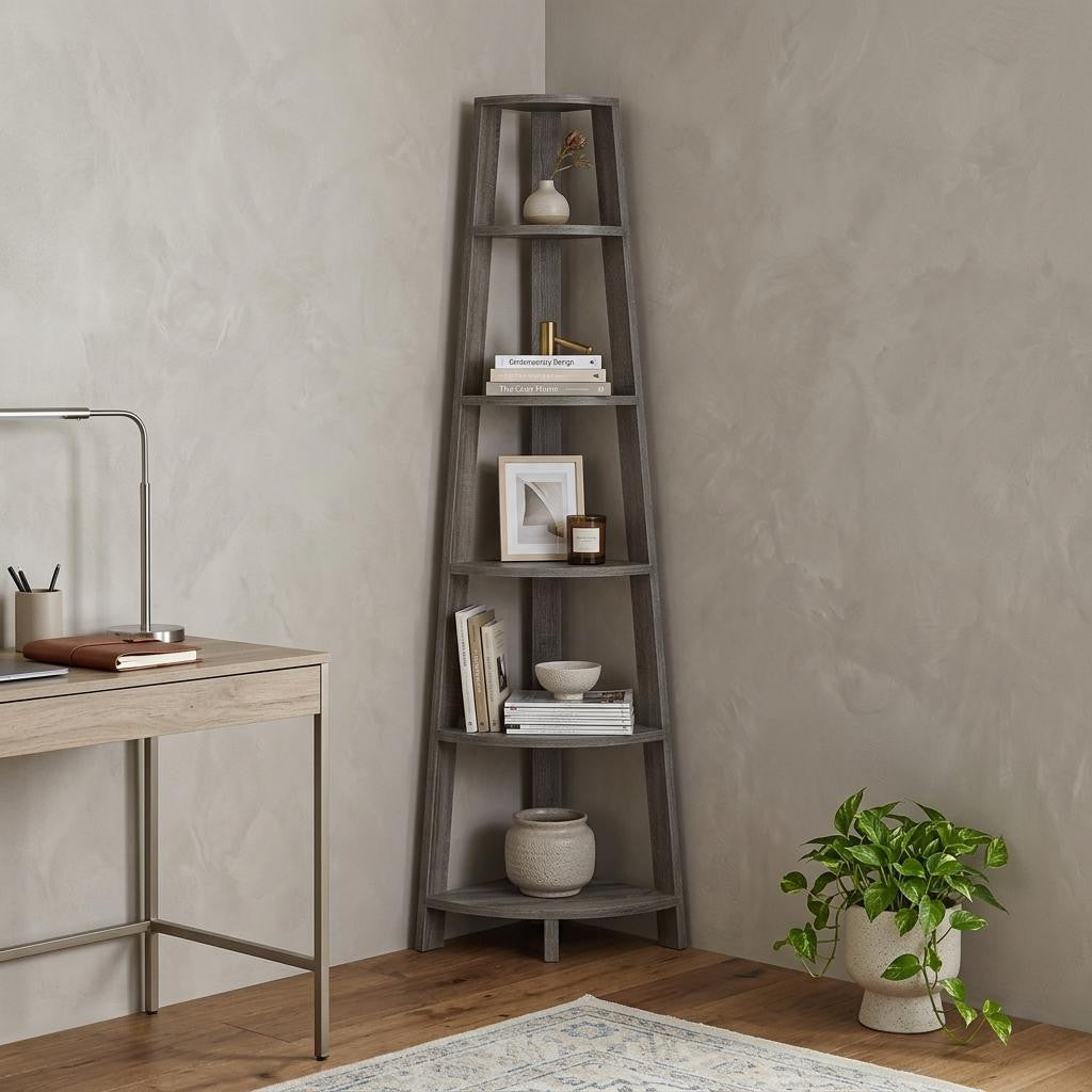 71" Taupe Wood Five Tier Corner Bookcase