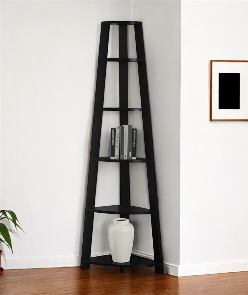 71" Gray Wood Five Tier Corner Bookcase